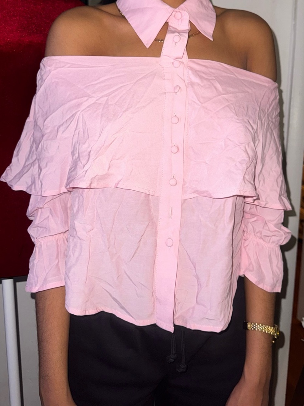 Women’s Off-Shoulder Ruffled Button-Front Top in Light Pink